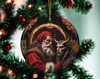 Adorno de Krampus con Papá Noel / Adorno navideño de cerámica