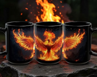 Taza de café Phoenix / Pájaro de fuego mítico en ascenso, gótico llameante, oscuro, para bebidas, color negro