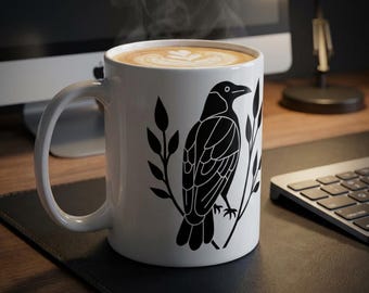 Black Raven Ceramic Mug | Minimalist Dark Nature Art, Gothic Kitchen Decor