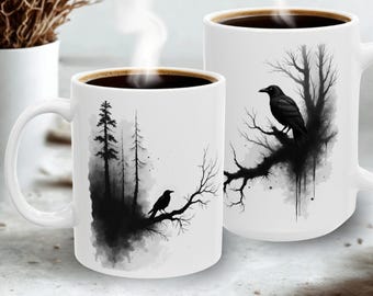 Gothic Raven Decor Mug – Forest Minimalist Black Bird Crow Silhouette Drinkware