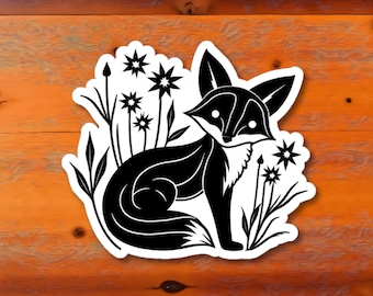 Pegatina troquelada de zorro negro con diseño floral / Calcomanía botánica de animales del bosque / Regalo para amantes de la naturaleza