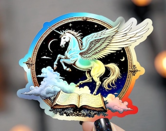 Pegatina holográfica troquelada de unicornio, pegaso, alicornio y libro abierto de la sabiduría