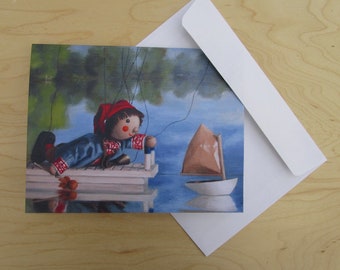 Greeting card of Sebbie and the Toy Boat