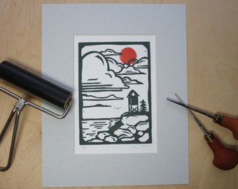 Linocut of Maine Coast