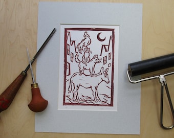 Linocut print of Bremen Town Musicians