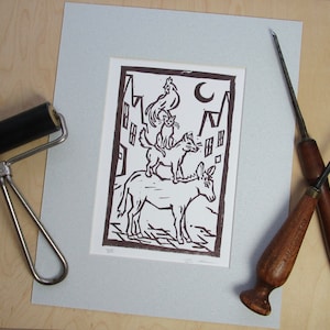 Linocut print of Bremen Town Muscians