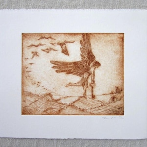 May include: A sepia-toned etching on textured paper depicts a winged figure holding a key, walking towards the horizon. Birds fly in the sky above the figure. The artwork has a rustic, vintage aesthetic.