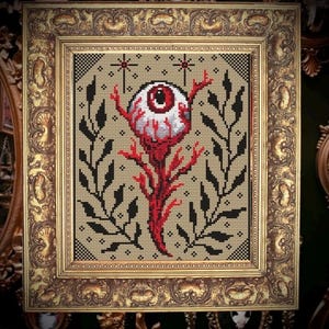 Schema per punto croce "Strappami un occhio" - Schema PDF in stile tatuaggio gotico - Design per punto croce oscuro di Halloween