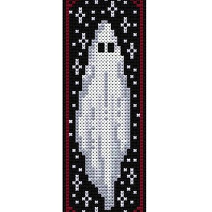 Può includere: Un fantasma bianco con un contorno nero e due occhi neri è centrato in una cornice con un motivo bianco e nero con un bordo rosso. La cornice ha un motivo a scacchi.