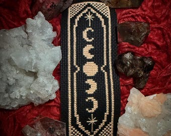 The Lunar Bookmark Cross Stitch Pattern – Gothic Tattoo Style PDF Pattern – Dark Halloween Stitch Design
