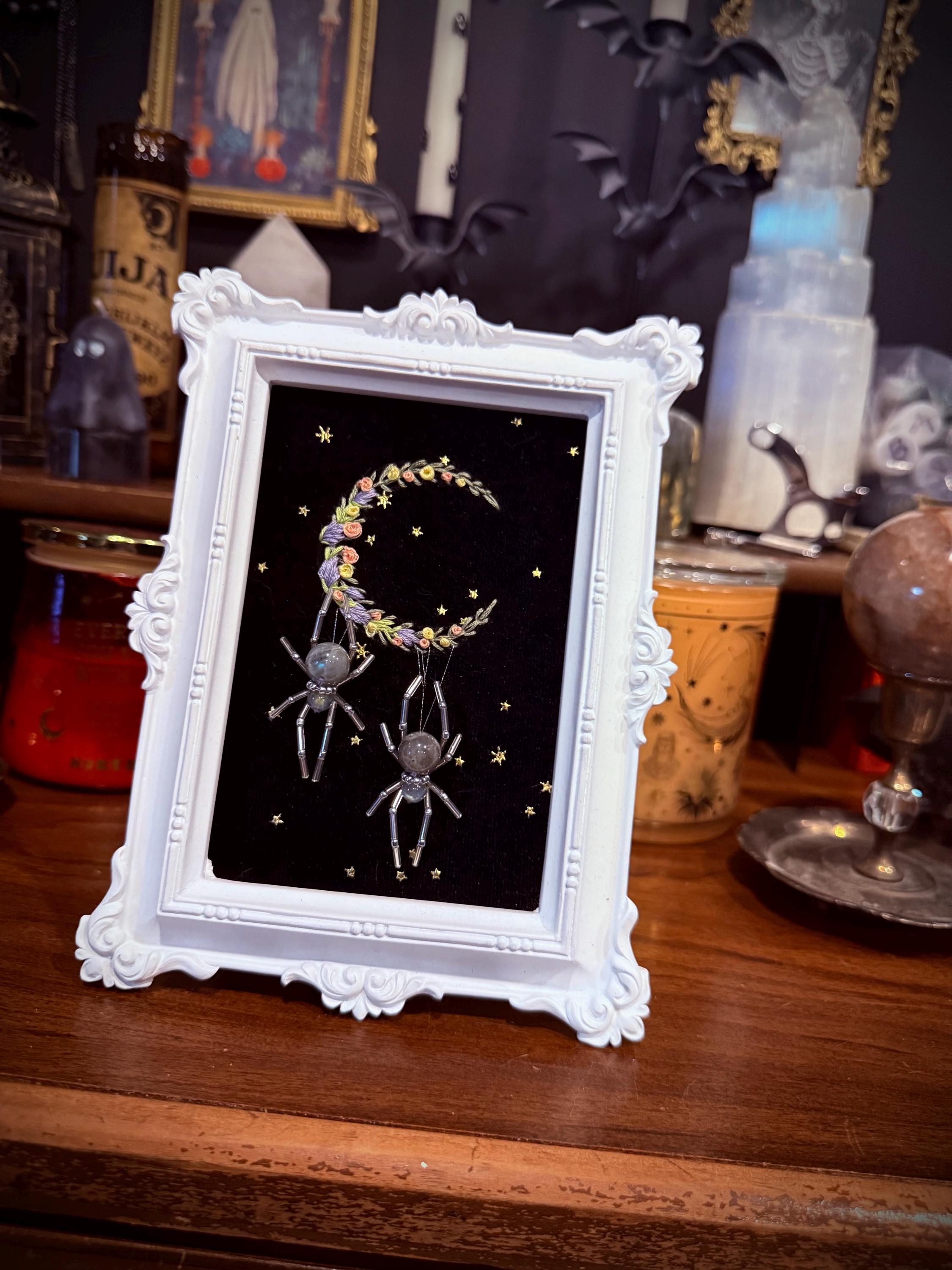 Labradorite Spider and Hand Embroidered Floral Moon Wall Hanging in Ornate Frame