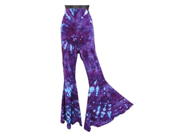 Purple Tie Dye Bell Bottom Leggings, Tye Dyed Flare Pants, Boho Hippie Festival Outfit