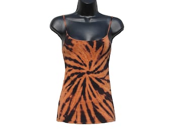 Reverse Tie Dye Spiral Tank Top, Black and Orange, Bleach Dyed Clothing - Junior Fit