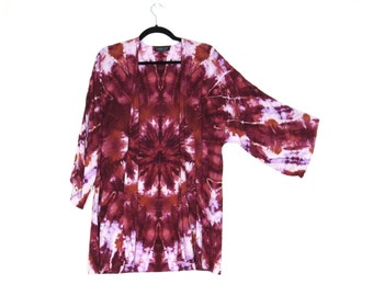 Maroon Kimono Robe, Tie Dye Cardigan, Boho Hippie, Tie Dyed Festival Clothing