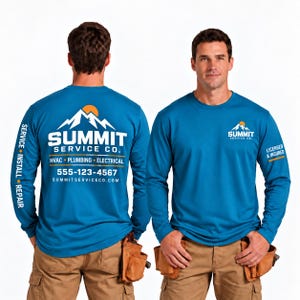 May include: A long-sleeve blue shirt featuring the Summit Service Co. logo with a mountain graphic and orange sun. The back displays the company name, services, phone number 555-123-4567, and website. The sleeve reads Service, Install, Repair.