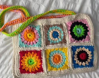 Crochet Tote | Oversized Patchwork Shoulder Bag | 70s Retro Floral Market Bag