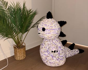 Giant Crochet Dinosaur Plushie | Jumbo Amigurumi Stuffed Animal, Purple Speckled Yarn