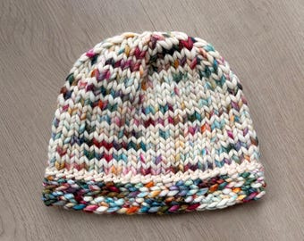 Chunky Knit Beanie | Speckled Wool-Blend Winter Hat, Cream Base, Rainbow Yarn