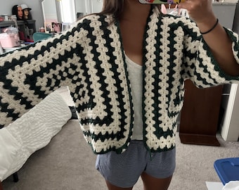 Handmade Hexagon Crochet Cardigan | Open Front Granny Square Sweater | Oversized Slow Fashion Knitwear