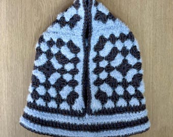 Handmade Chunky Crochet Balaclava | Two-Tone Blue & Black Winter Hood | Slow Fashion Ski Mask