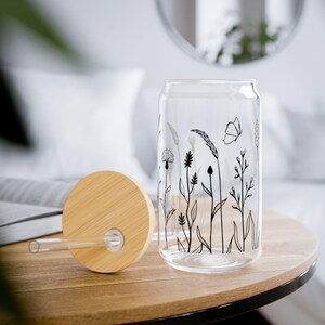 Blumenmuster-Sipper-Glas - 16 Unzen mit Bambusdeckel und Stroh-Eiskaffeetasse