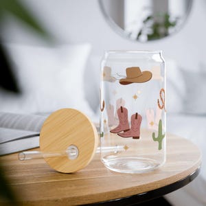 Western-Inspired 16oz Iced Coffee Glass Cup Sipper Glass with Straw - Perfect for Cowboy Lovers
