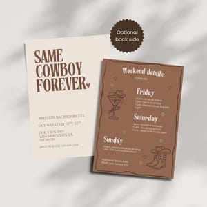 Modello digitale per invito e itinerario per l'addio al nubilato "Same Cowboy Forever" - Modifica in Canva