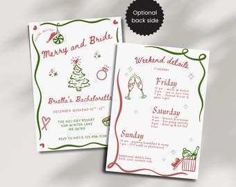 May include: Two invitation cards with a festive design. The left card reads "Merry and Bride" with a Christmas tree and ring illustration. The right card details a weekend itinerary with champagne glasses and gift illustrations.