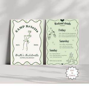 Kamp vrijgezellenfeest uitnodiging uitnodigingssjabloon Canva kamp Bach uitnodigingen routebeschrijving downloaden weekendtrip bruidsfeest buiten thema bruid