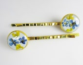 Blue Forget Me Nots, Pair of Real Flower Hair Pins,  Resin, Pressed Flower Jewelry, Gold Plated Brass (1679)