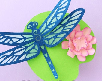 Dragonfly SVG Lotus Flower - Caja de regalo Party Favor - Archivo de corte SVG 3D para Cricut Design Space o Silhouette