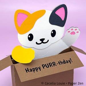 Carte boîte pop-up chat - carte pop-up d'anniversaire - chat calicot SVG 3D, idéal pour remercier les enseignants, Saint-Valentin, merci, carte de Noël