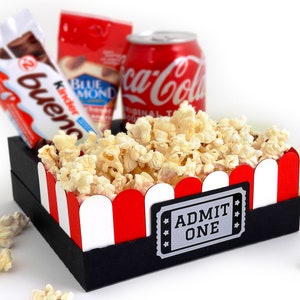 Caja de refrigerios para noche de cine con palomitas, refrescos y dulces, ideal para recuerdos de fiestas de cumpleaños o noches de cine - Plantilla SVG 3D para Cricut y Silhouette