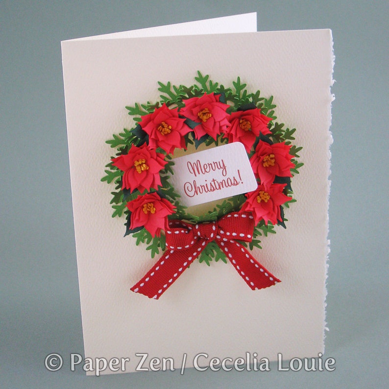 Quilling Poinsettia Card fringed Flowers and Wreath Etsy