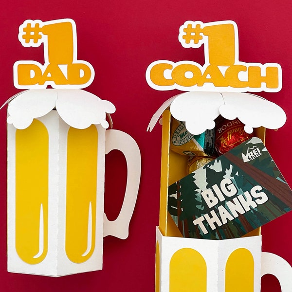 Father’s Day Beer Mug Gift Box SVG or Coach Appreciation Gift Card Holder Party Favor Treat Box - 3D SVG Cutting File for Cricut