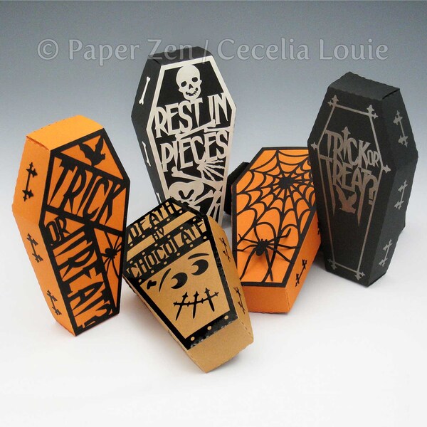 Caja SVG de ataúd de Halloween (no se necesita pegamento) con 5 diseños de portada e instrucciones en PDF para máquinas Cricut