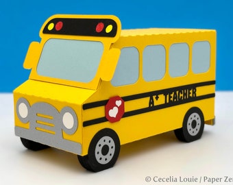 Boîte porte-cartes cadeau autobus scolaire pour remerciement des enseignants, rentrée des classes, cadeau d'anniversaire, retraite - Silhouette Cricut 3D SVG DXF