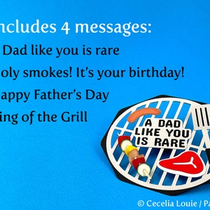 Puede incluir: Un fondo azul con una parrilla de papel blanco con un filete rojo, una salchicha, una brocheta de verduras y una esp&aacute;tula. La parrilla tiene un letrero de papel blanco que dice "A Dad Like You Is Rare". El texto "Includes 4 messages:" est&aacute; en la parte superior de la imagen. El texto "A Dad like you is rare", "Holy smokes! It's your birthday!", "Happy Father's Day", y "King of the Grill" est&aacute;n debajo de la parrilla. El texto "Cecelia Louie / Paper Zen" est&aacute; en la parte inferior de la imagen.