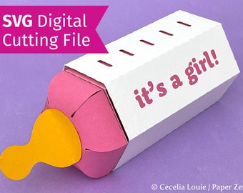 Baby Shower Bottle Gift Card Holder - Treat Box Template, Gender Reveal Party for Boy or Girl - 3D SVG, DXF, PDF File for Cricut, Silhouette