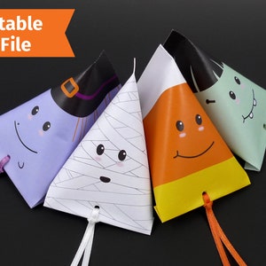 Boîte cadeau d'Halloween imprimable - Patrons PDF DIY pour sorcière, momie, bonbons au maïs et frankenstein pour les farceurs