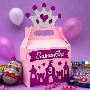 Princess Gable Box with Crown and Castle to hold Crayons, Candy, and Gifts - 3D SVG for Birthday Party Favour Gift Loot Bag