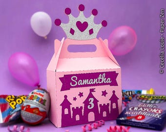 Princess Gable Box with Crown and Castle to hold Crayons, Candy, and Gifts - 3D SVG for Birthday Party Favour Gift Loot Bag