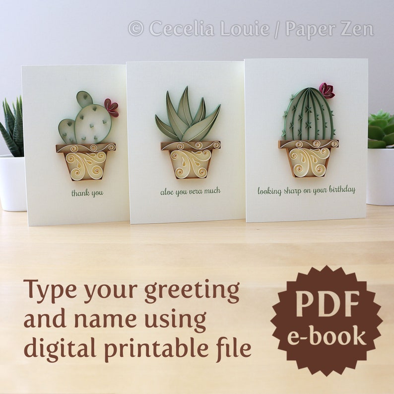 Quilling Succulents PDF file of 3 Patterns and Templates Step-by-step Tutorial How to Make Editable Greeting Cards Digital Download image 2