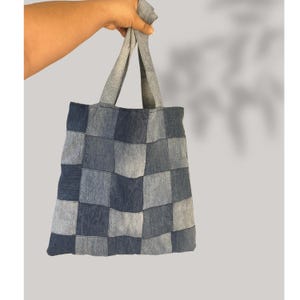 Handmade Repurposed Denim Tote Bag Eco-Friendly Jeans Tote Upcycled Jean Pants Flat Corners Sturdy Handles