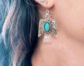 Thunderbird Earrings, Silver Thunderbird Earrings, Turquoise Thunderbird Earrings