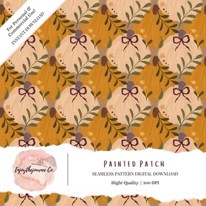 May include: Seamless digital pattern featuring cream-colored pumpkins with brown bows and green leaves on a mustard yellow background. The text "PAINTED PATCH" and "SEAMLESS PATTERN DIGITAL DOWNLOAD" are also visible.
