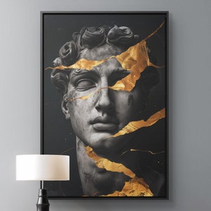 Framed Modern Classical Portrait Canvas Art | Greek Sculpture with Gold Paint Splashes | Luxurious Wall Decor | Abstract Minimalist Print