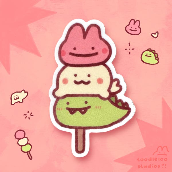 Süßer Dango-Aufkleber - Süßer Hase, Robbe, Dino-Aufkleber - Kawaii-Aufkleber, Matter Vinyl-Aufkleber, wasserdichter, haltbarer Aufkleber