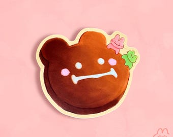 Bear Cookie with Bunny and Frog Sticker!! - Cute Derpy Bear Matte Vinyl Sticker - Cute Cookie Sticker - Kawaii Bunny and Frog Sticker
