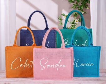 Bolsas de yute personalizadas para damas de honor, bolsa de regalo para damas de honor con pañuelo con nombre, bolsa de playa de yute con monograma, bolsas de regalo para despedida de soltera